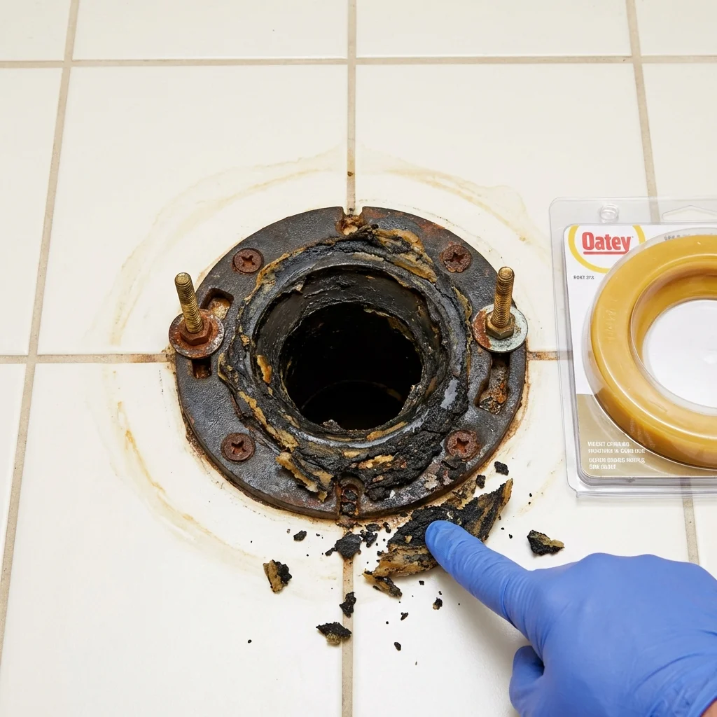 Failed wax ring showing water seepage at the base of a toilet in a Benton, TN home