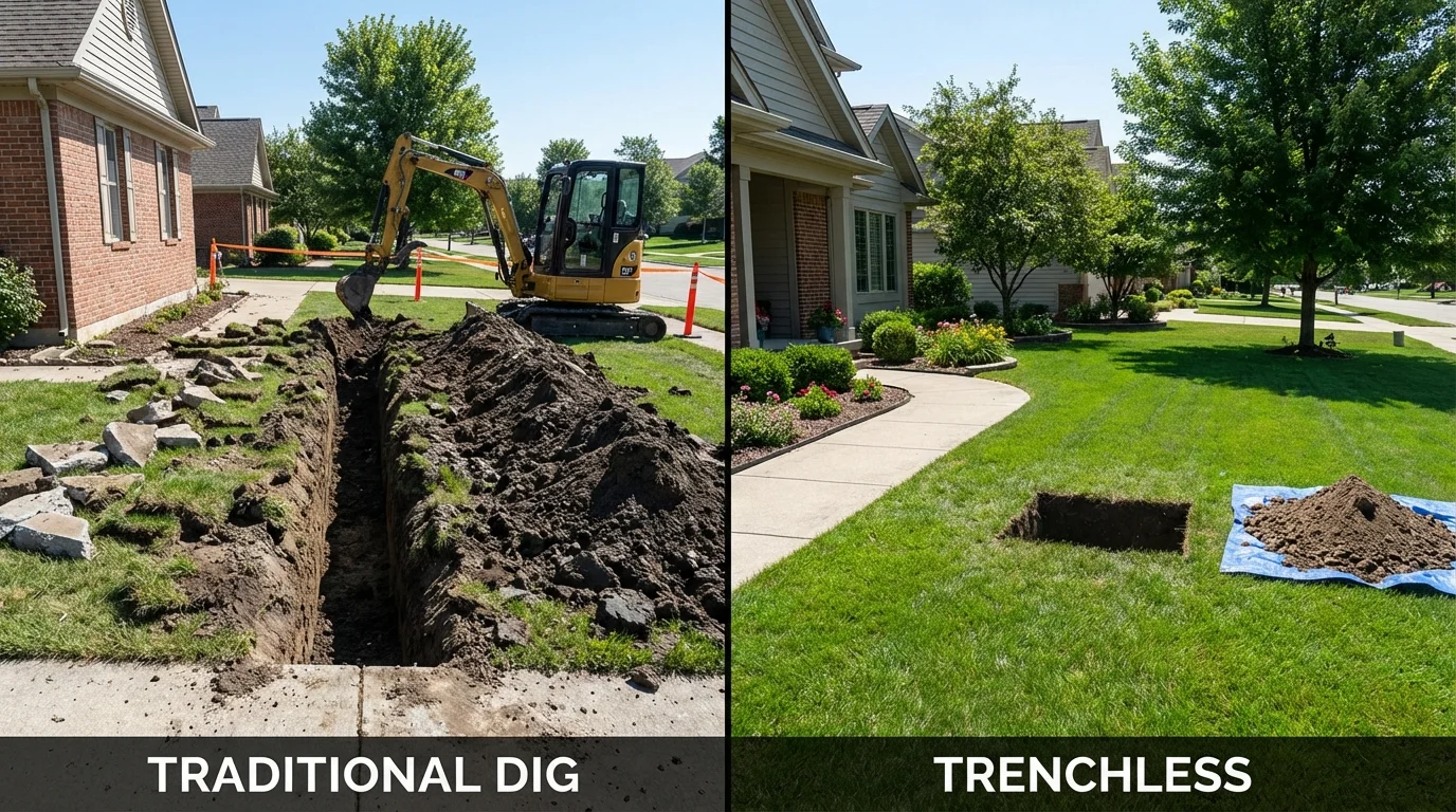 Trenchless sewer repair with minimal yard damage versus traditional excavation in Benton, TN